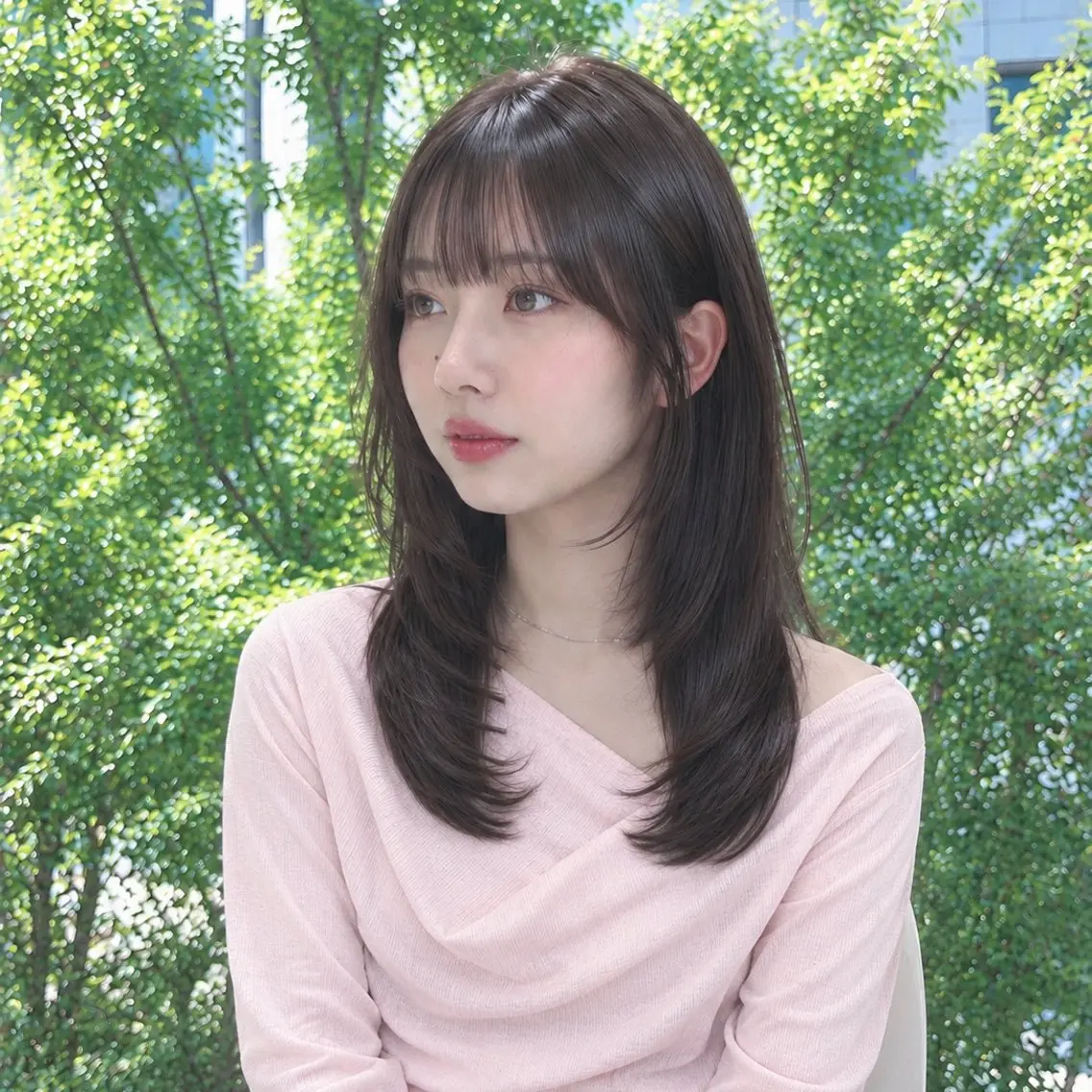セミロング カラー 顔まわりレイヤー 顔周りカット レイヤーカット カット ヘアカラー トリートメント 髪質改善/レイヤー ハッシュカットひなたのヘアスタイル