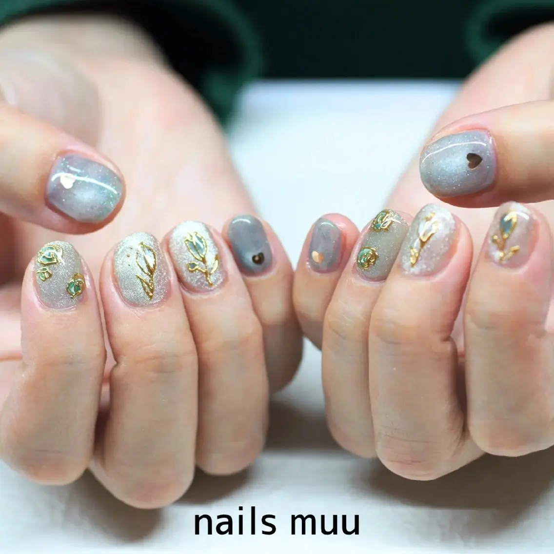ネイル フラワーネイル グリーン 春ネイル nails muu まゆのネイルデザイン