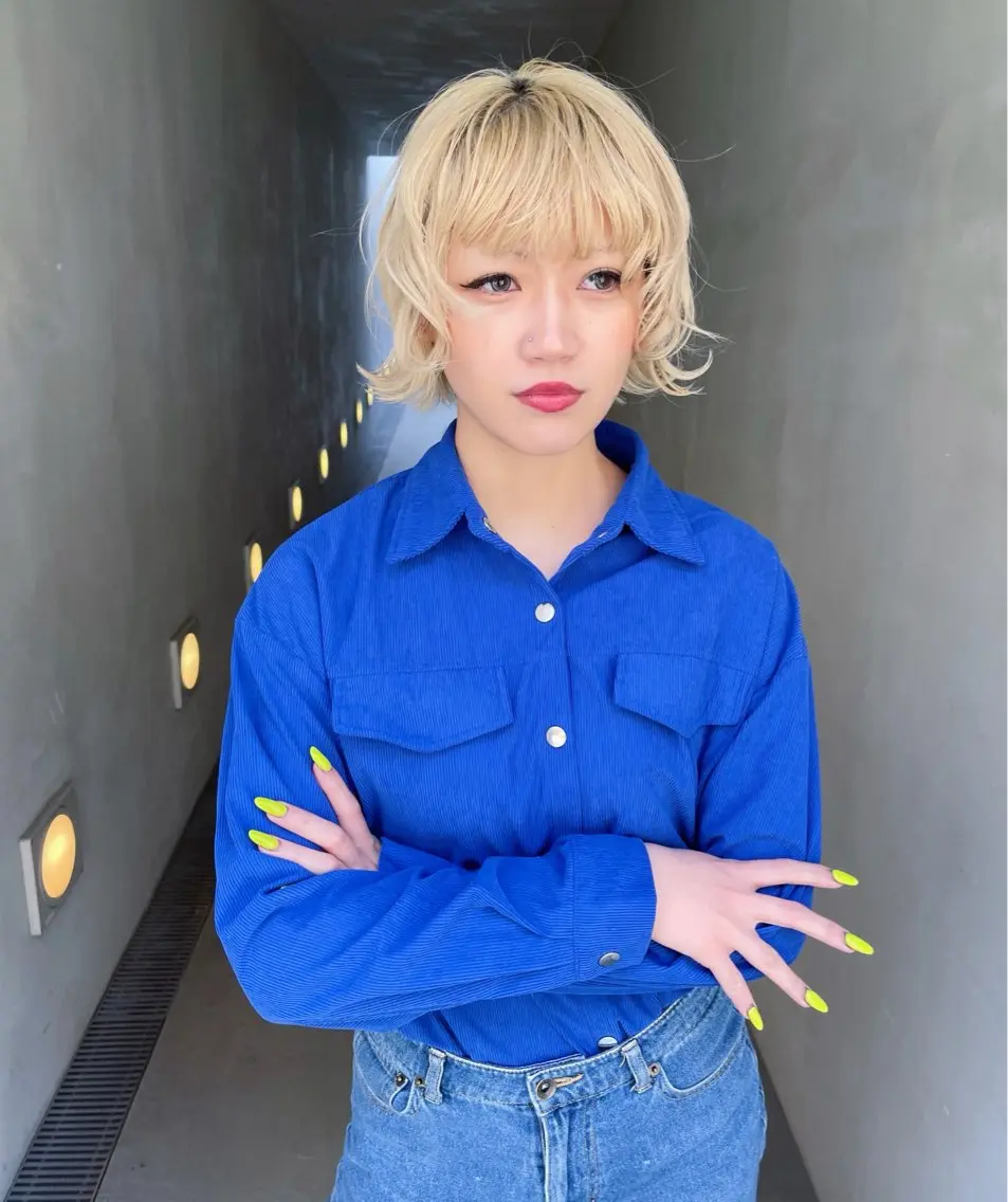 ミディアム カラー ブロンド ハイトーンカラー ボブ ヘアカラー トリートメント AiM 大名　似合わせカットのヘアスタイル