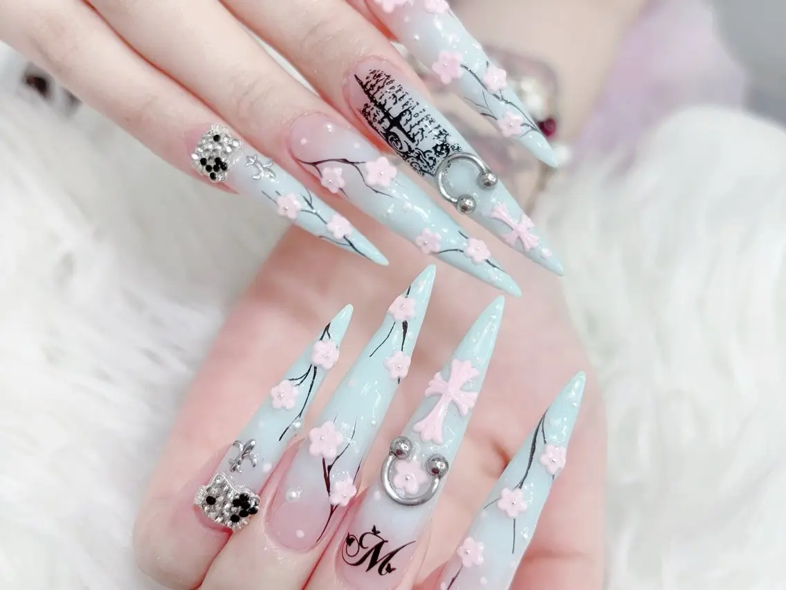 ネイル 成人式 大理石ネイル(マーブル) 持ち込み ネイルチップ 冬ネイル ハンドネイル MoMoA Nail ネイル長さ出し専門店のネイルデザイン