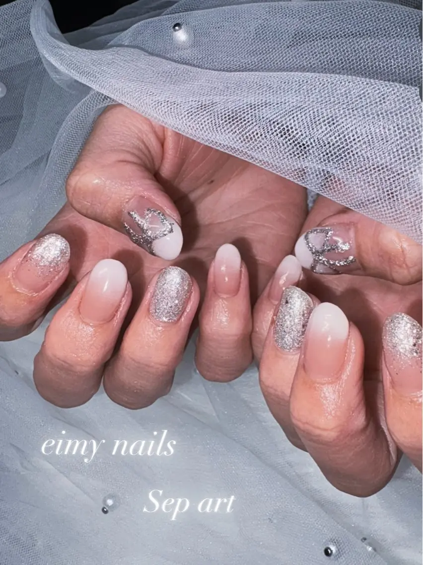 ネイル アートネイル グラデーション ピンク リボン ハンドネイル eimy nails♡のネイルデザイン