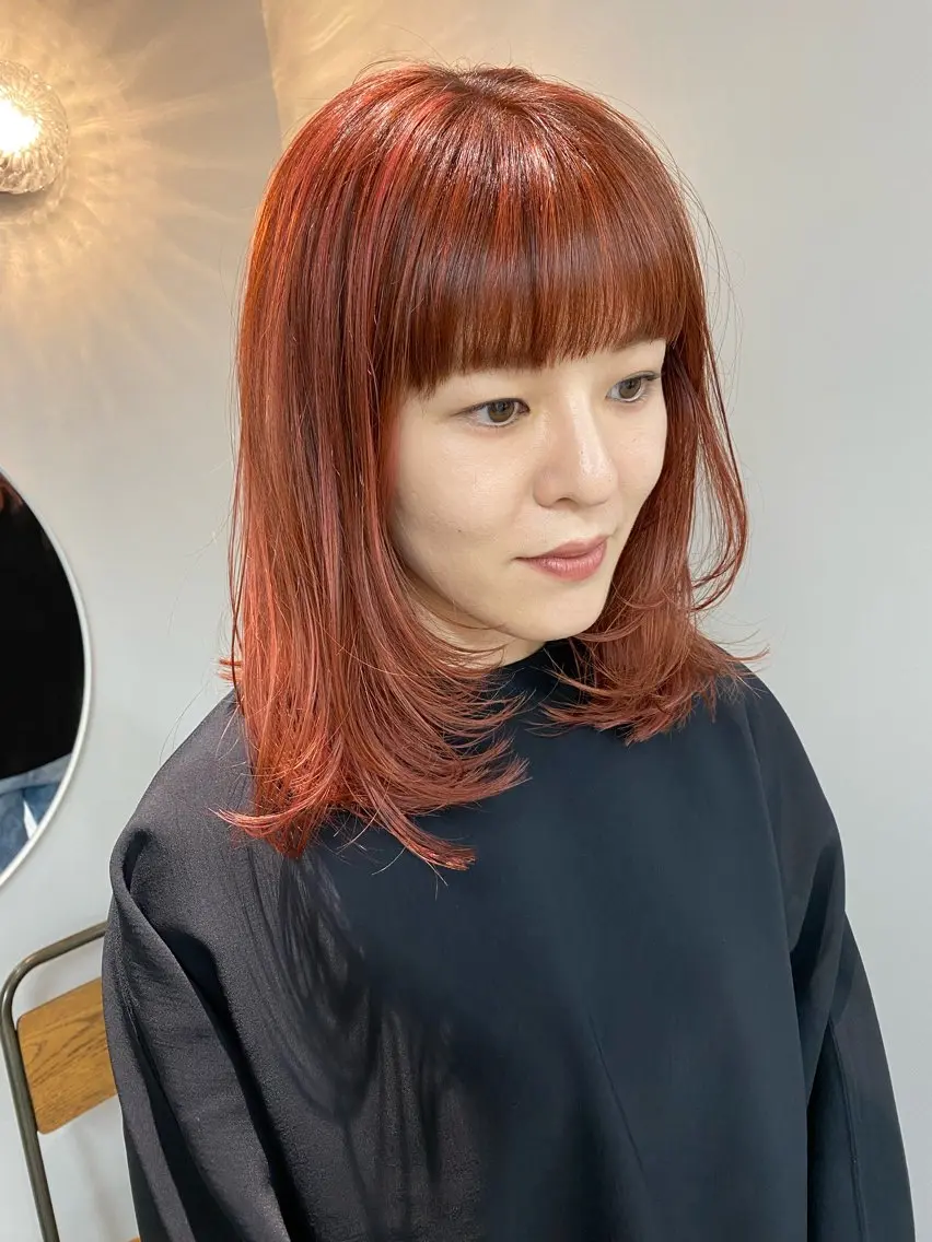 ミディアム カラー ハイライトカラー オレンジ レッドカラー ハイライト レイヤー暖色カラー 池袋Yamamotoのヘアスタイル