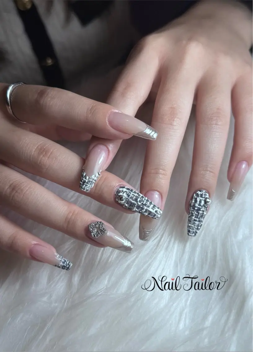 ネイル ロングネイル マットネイル ネイビー ツイードネイル ハンドネイル NailTailor ネイルテイラーのネイルデザイン