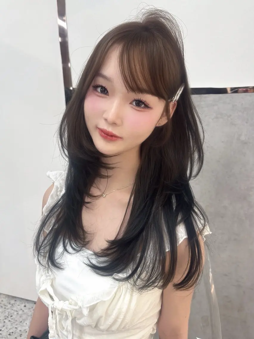 ミディアム ボブ 韓国風ヘア レイヤーカット トリートメント カット ヘアカラー rina／ベージュ ワンホン/韓国ヘアのヘアスタイル