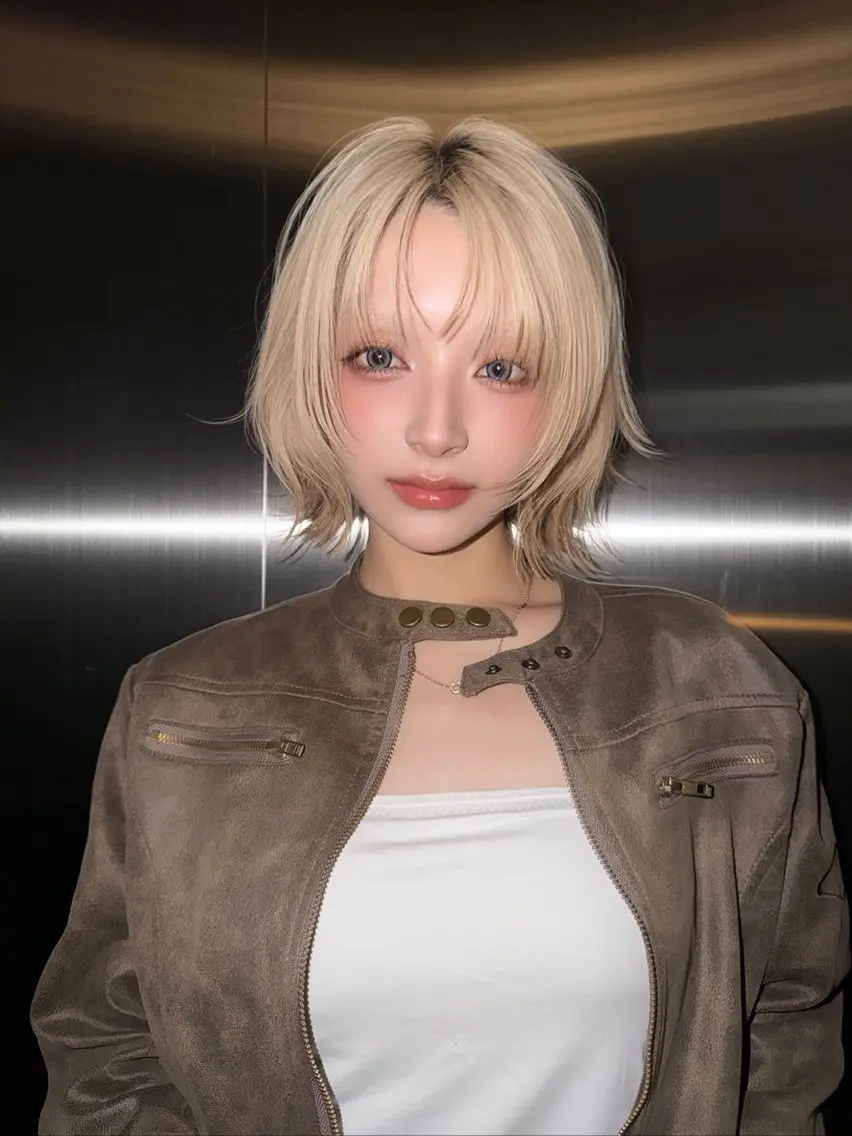 ミディアム カラー カット ヘアカラー トリートメント 抜きっぱなしブロンド /ハイトーン/カナタのヘアスタイル