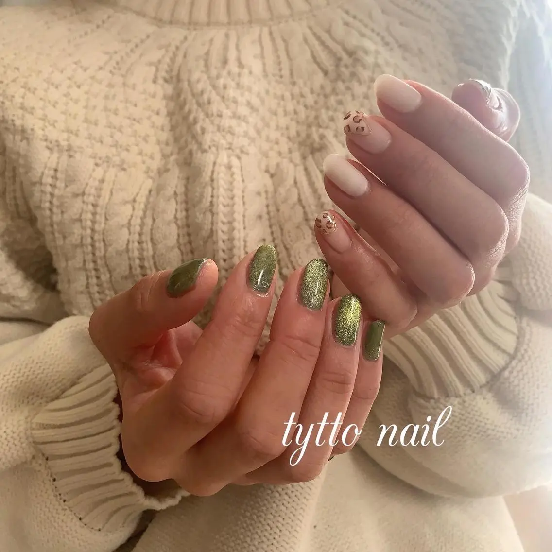 ネイル アニマル柄 グリーン 韓国ネイル マグネットネイル マットネイル tytto nail ❤︎‪‪eri‪‪のネイルデザイン