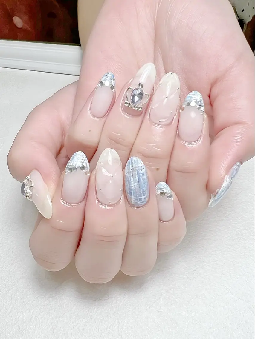 ネイル ブルー ガーリー キラキラネイル 韓国ネイル ツイードネイル rouse nail RISATOのネイルデザイン