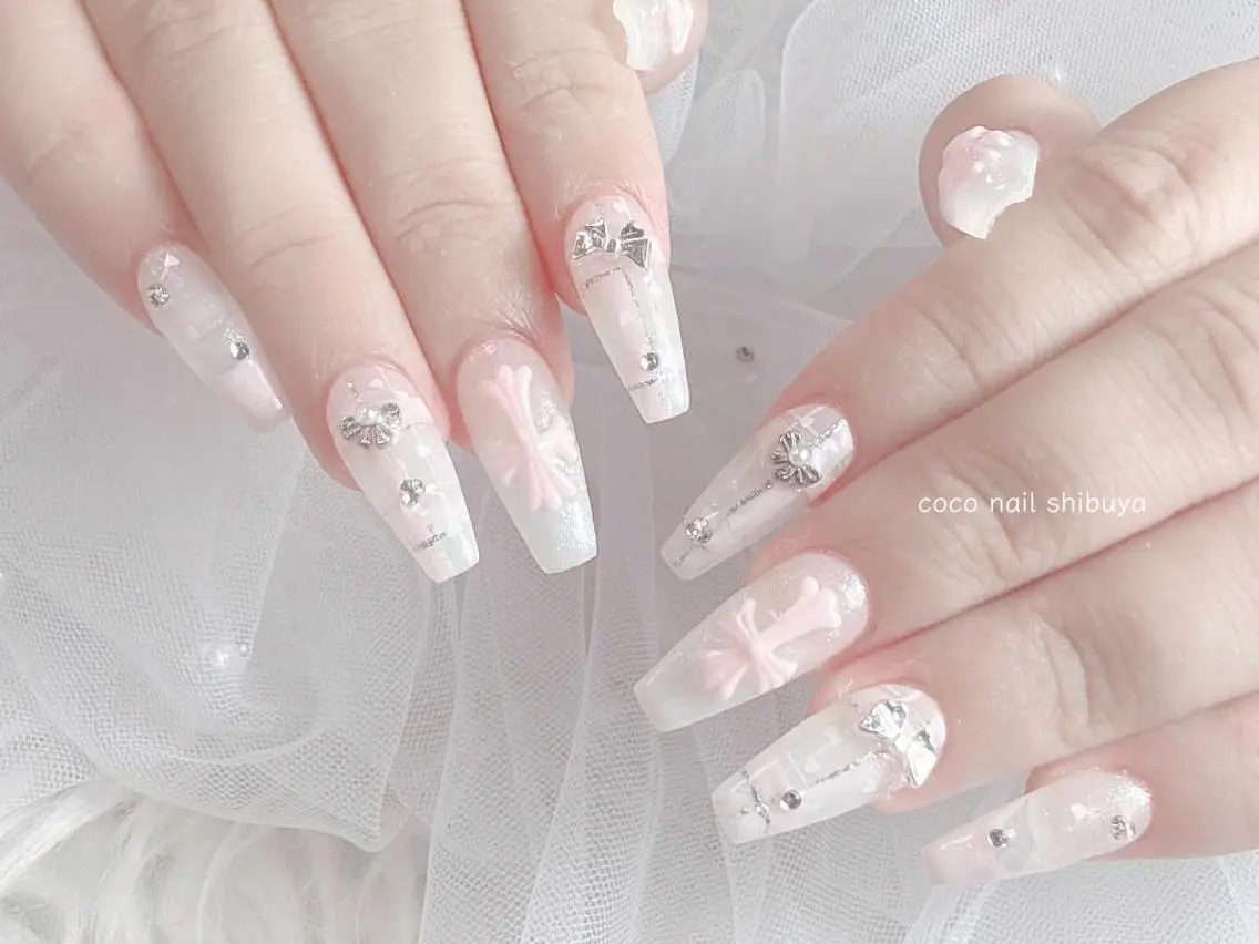 ネイル 成人式 大理石ネイル(マーブル) リボン 夏ネイル ネイルチップ ハンドネイル Min Coco nailのネイルデザイン