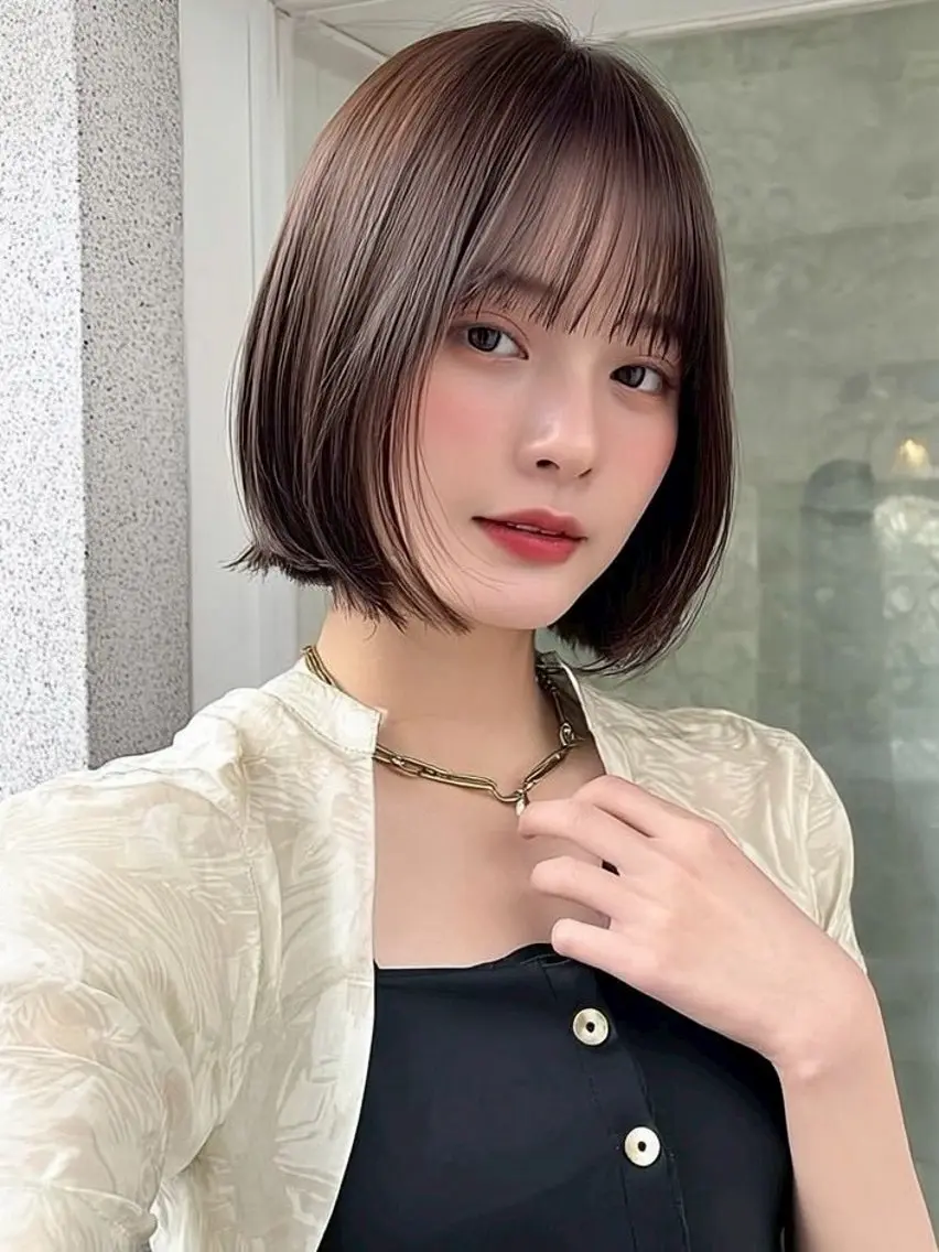 ミディアム ボブレイヤー ボブ 顔まわりレイヤー 韓国風ヘア レイヤーカット 岡田 望愛🫧のヘアスタイル