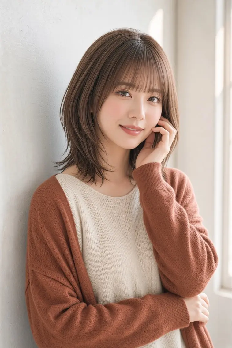 ミディアム ボブ レイヤーカット シースルーバング 外ハネヘア ヘアカラー 石沢 知康のヘアスタイル