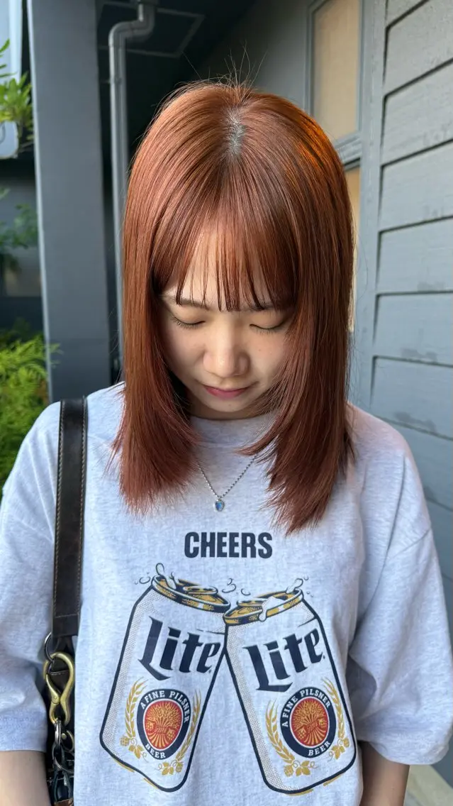 ミディアム カラー ブリーチ ダブルカラー ブリーチなしカラー オレンジ 顔周りカット カット ヘアカラー 暖色カラー/髪質改善 /レイヤーカット/翠のヘアスタイル