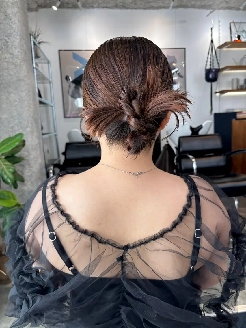 ミディアム ヘアアレンジ ピンクブラウン ピンクラベンダー ボブ ヘアセット 暖色系特化さくら /福岡天神/レイヤーのヘアスタイル