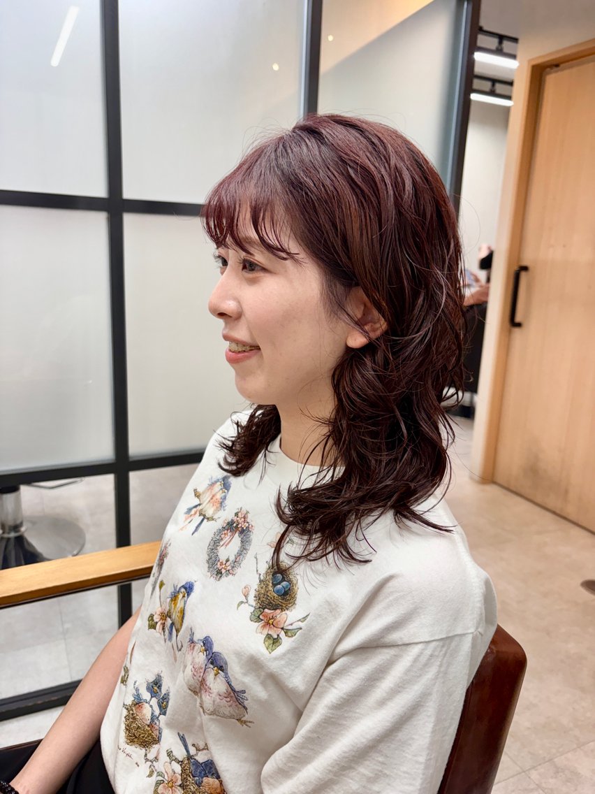 セミロング パーマ セミロングパーマ レッドブラウン レイヤーカット 【半個室サロン】 艶カラー/ sayuのヘアスタイル