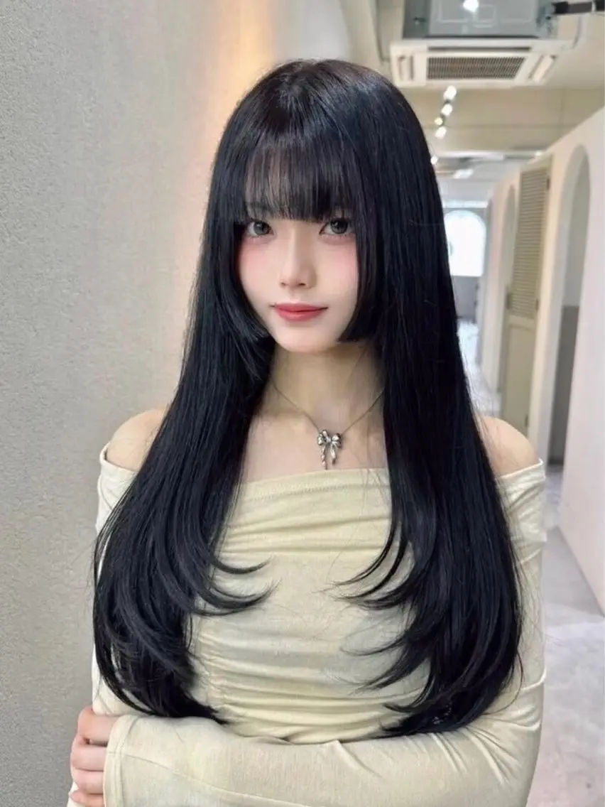 ロング 姫カット レイヤーカット 韓国🇰🇷レイヤー 似合わせ顔まわりのヘアスタイル