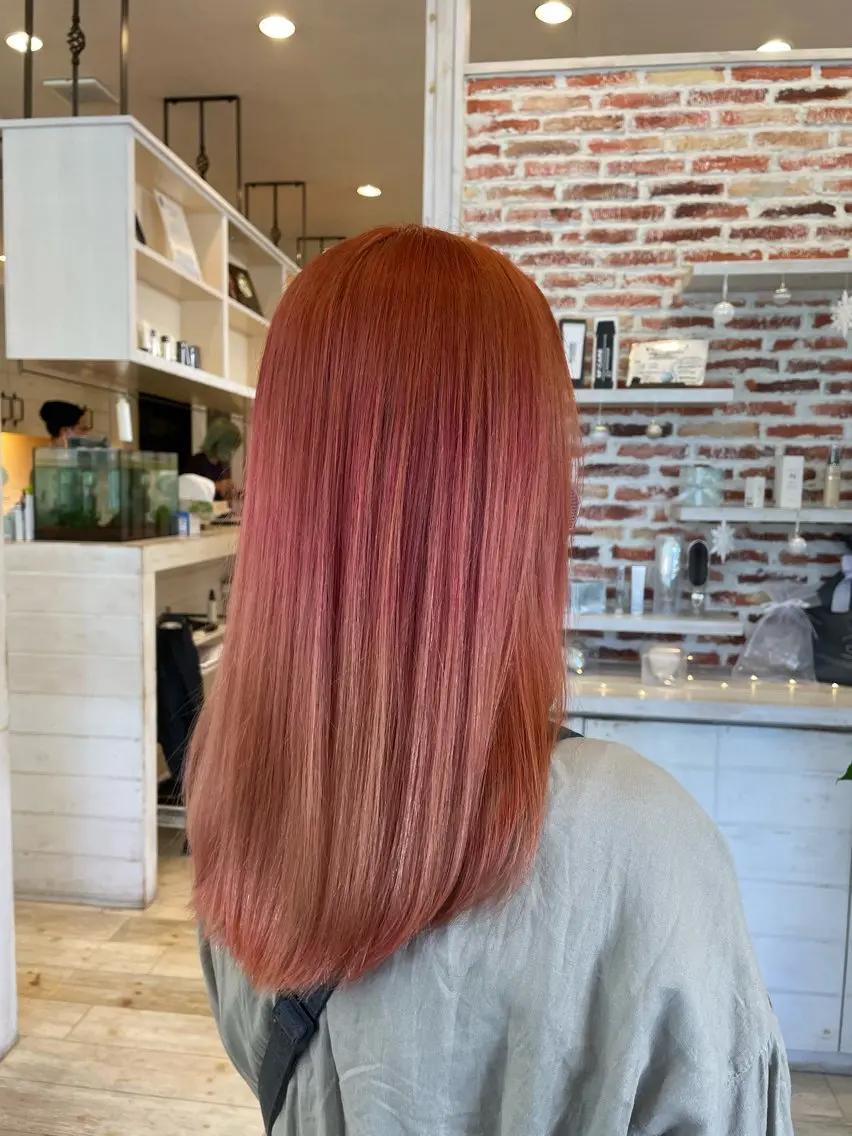 ロング カラー ブリーチ ケアブリーチ ダブルカラー オレンジ ピンクカラー 東恩納 誠のヘアスタイル