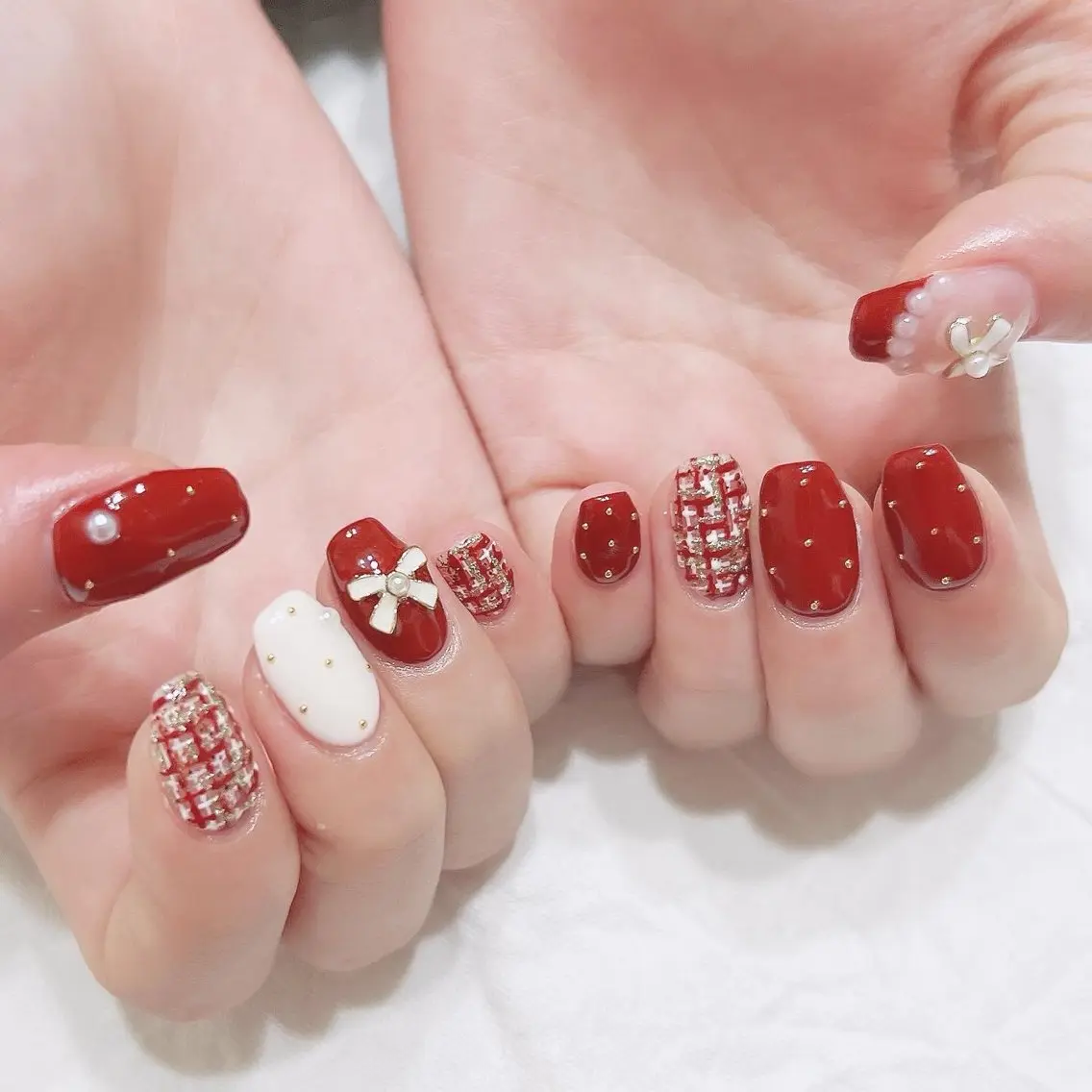 ネイル ボルドー ツイードネイル 冬ネイル クリスマス ハンドネイル peaberry nailのネイルデザイン