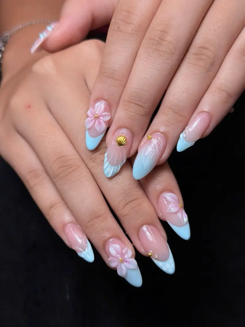 ネイル フラワーネイル フレンチネイル ガーリー 水色 持ち込み Iconic Nailのネイルデザイン