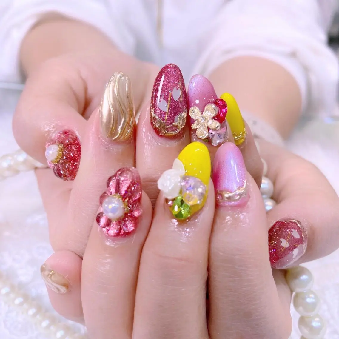 ネイル アートネイル フラワーネイル ミラーネイル ぷっくりネイル 春ネイル NAILSALON MEILIのネイルデザイン