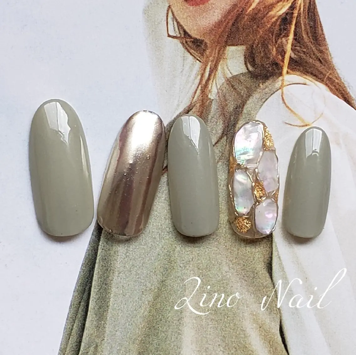ネイル カジュアル ジェルネイル ゴールド グリーン キラキラネイル Lino Nailのネイルデザイン