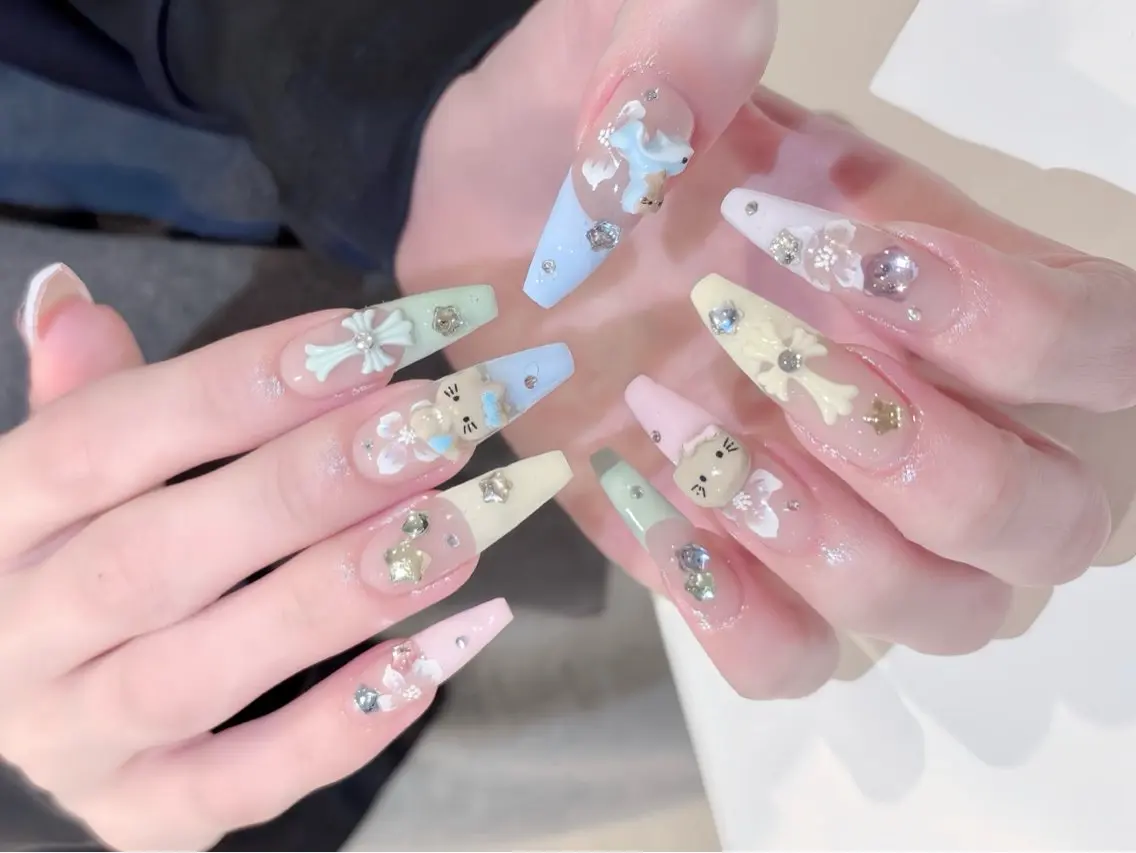 ネイル べっ甲ネイル ブルー 長さ出し フレンチネイル ジェルネイル ハンドネイル Rin Nail 新大久保店のネイルデザイン