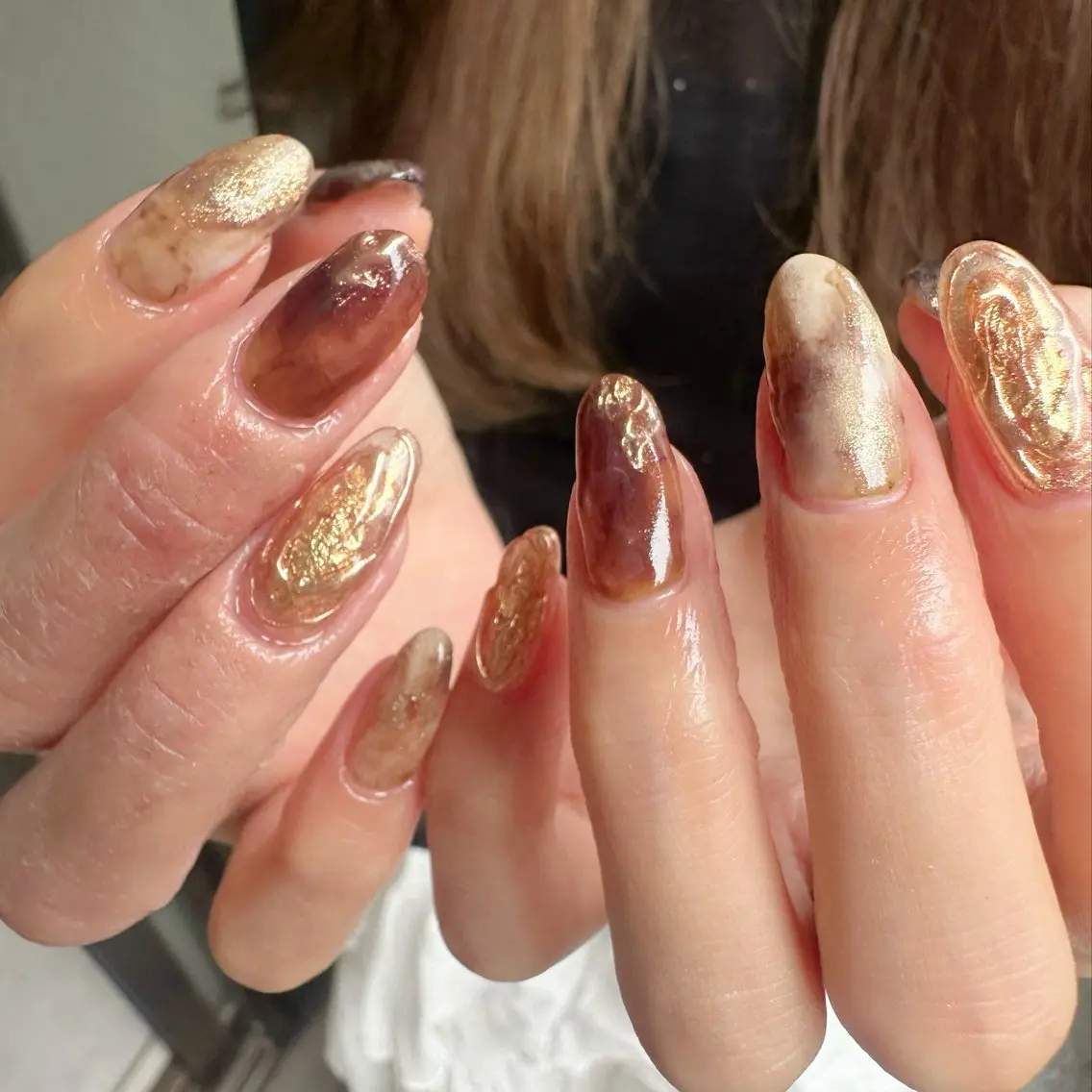 ネイル べっ甲ネイル ブラウン 氷ネイル・うるうるネイル 韓国ネイル ミラーネイル 🪞KAPE NAIL 🪞のネイルデザイン