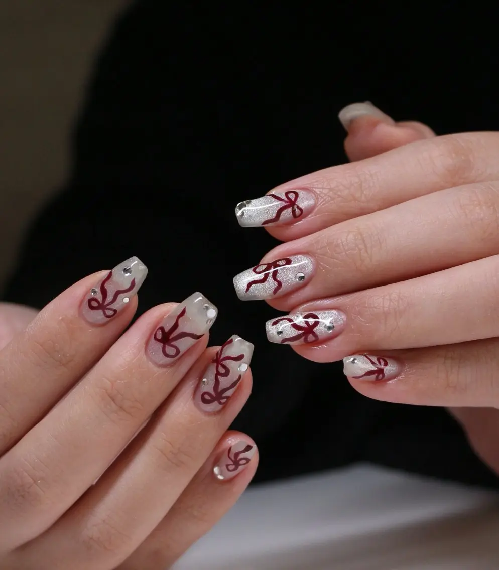 ネイル 韓国ネイル マグネットネイル 赤色 リボン ワンホンネイル ハンドネイル Baku Nailsのネイルデザイン