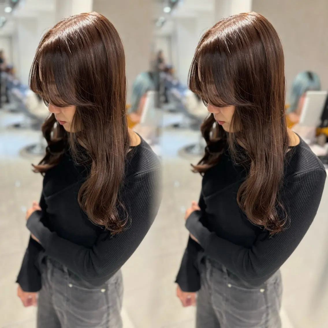 セミロング カラー カット ヘアカラー トリートメント 髪質改善ストレート 韓国風レイヤー池袋のヘアスタイル