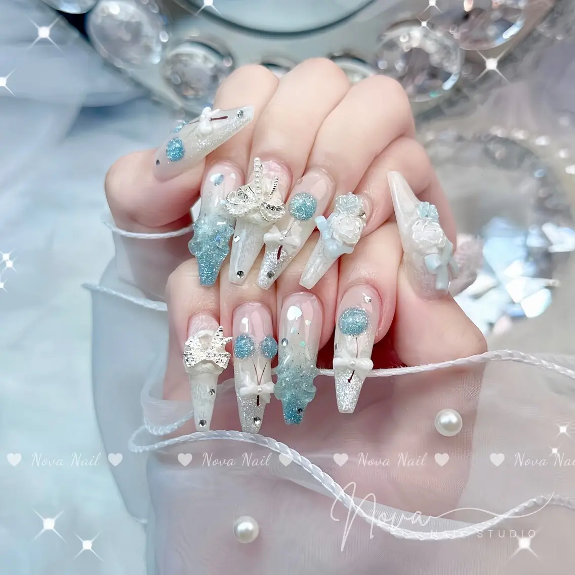 ネイル アートネイル ジェルネイル キラキラネイル 韓国ネイル ロングネイル ハンドネイル ハンドケア Nova Nail _Shinsaiのネイルデザイン