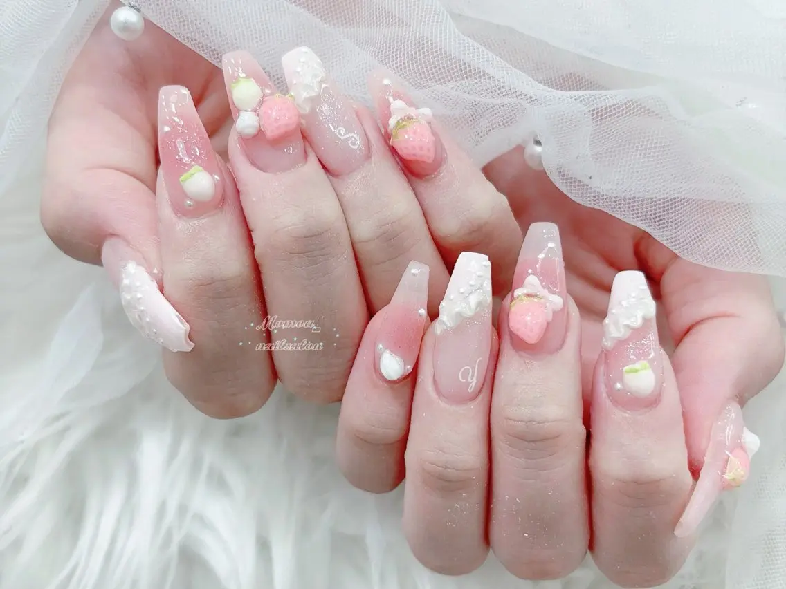 ネイル 成人式 マグネットネイル 大理石ネイル(マーブル) リボン 夏ネイル ハンドネイル MoMoA Nail ネイル長さ出し専門店のネイルデザイン