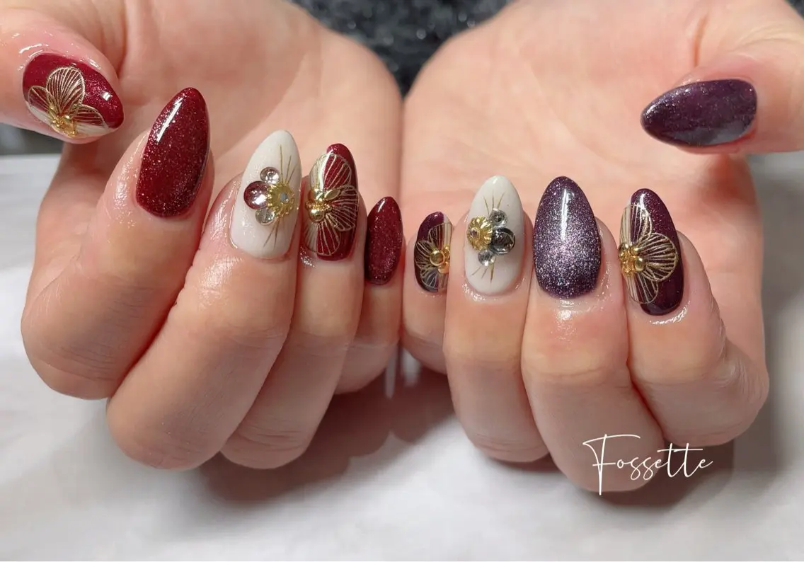 ネイル 成人式 フラワーネイル マグネットネイル ミラーネイル ワンカラーネイル ハンドネイル nailsalon Fossetteのネイルデザイン
