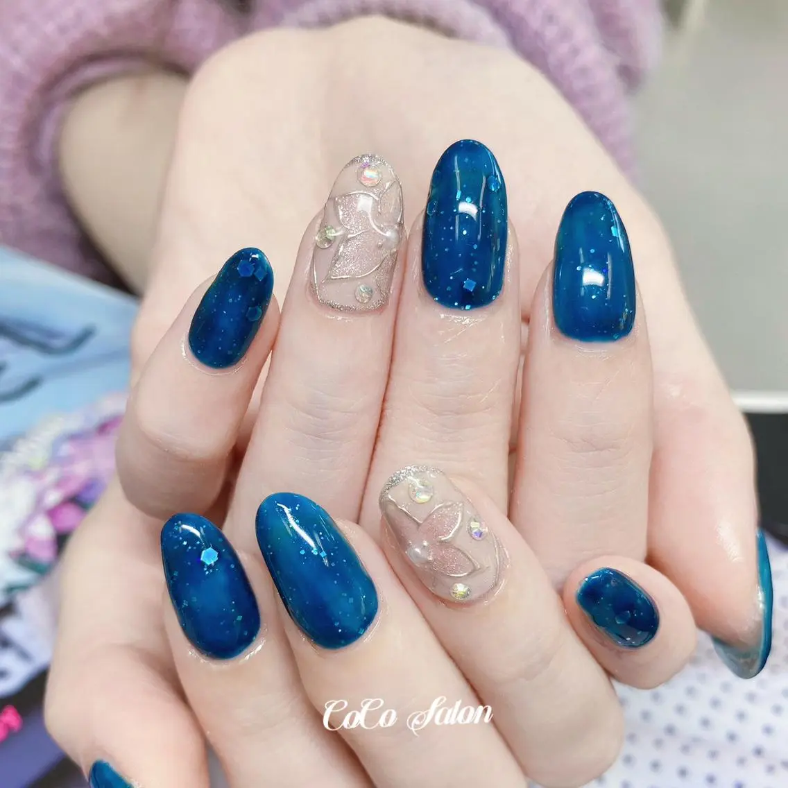 ネイル 長さ出し フラワーネイル ジェルネイル ホログラムネイル 韓国ネイル ハンドネイル CoCoSalon ネイル/まつ毛予約のネイルデザイン