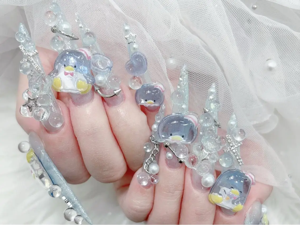 ネイル 成人式 大理石ネイル(マーブル) リボン 夏ネイル ネイルチップ ハンドネイル MoMoA Nail ネイル長さ出し専門店のネイルデザイン