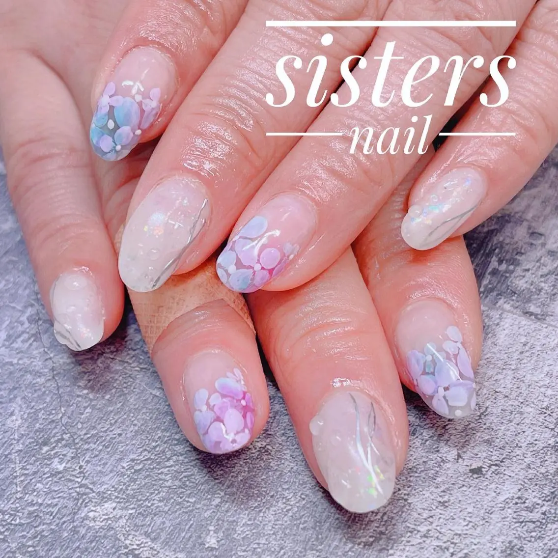 ネイル アートネイル クリアネイル フラワーネイル パープル 夏ネイル sisters nail.fのネイルデザイン