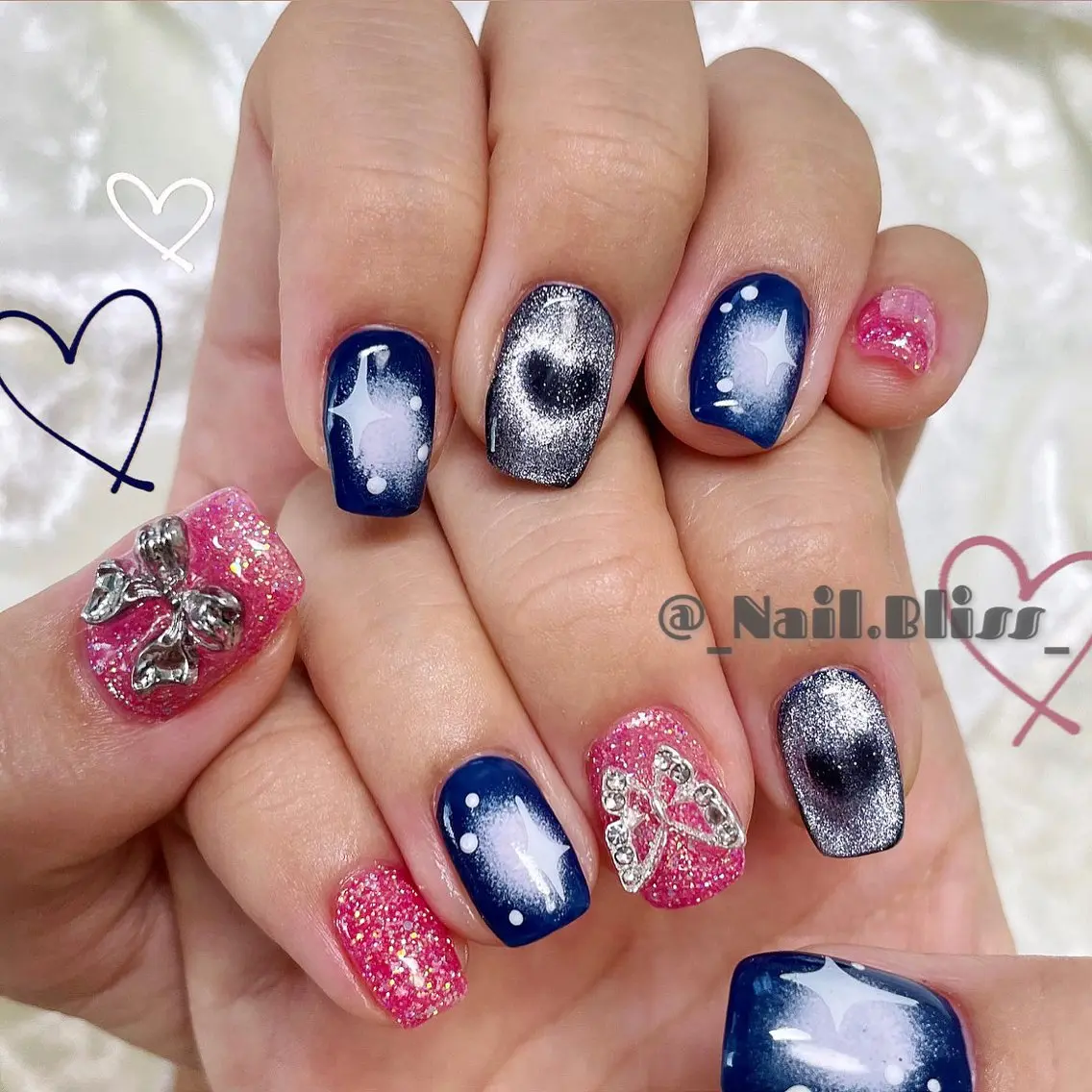 ネイル マグネットネイル 持ち込み ネイビー ピンク ハンドネイル NAIL BLISSのネイルデザイン