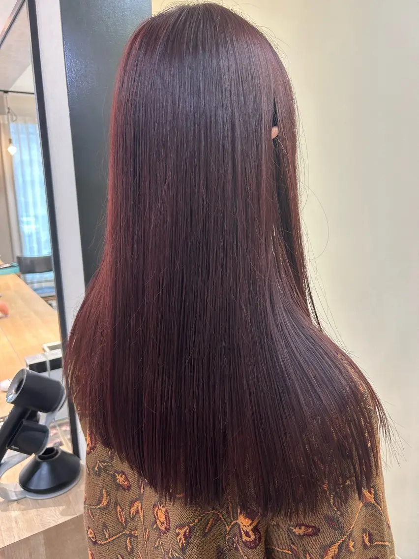ロング カラー ブリーチ カシス ブリーチなしカラー レッドカラー hubhair レイヤー/透明感のヘアスタイル