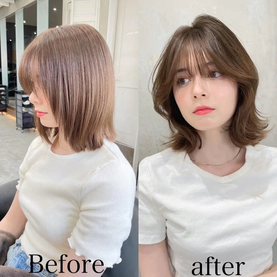 ミディアム カット ヘアカラー トリートメント 山本翔一郎 韓国顔周りレイヤーのヘアスタイル