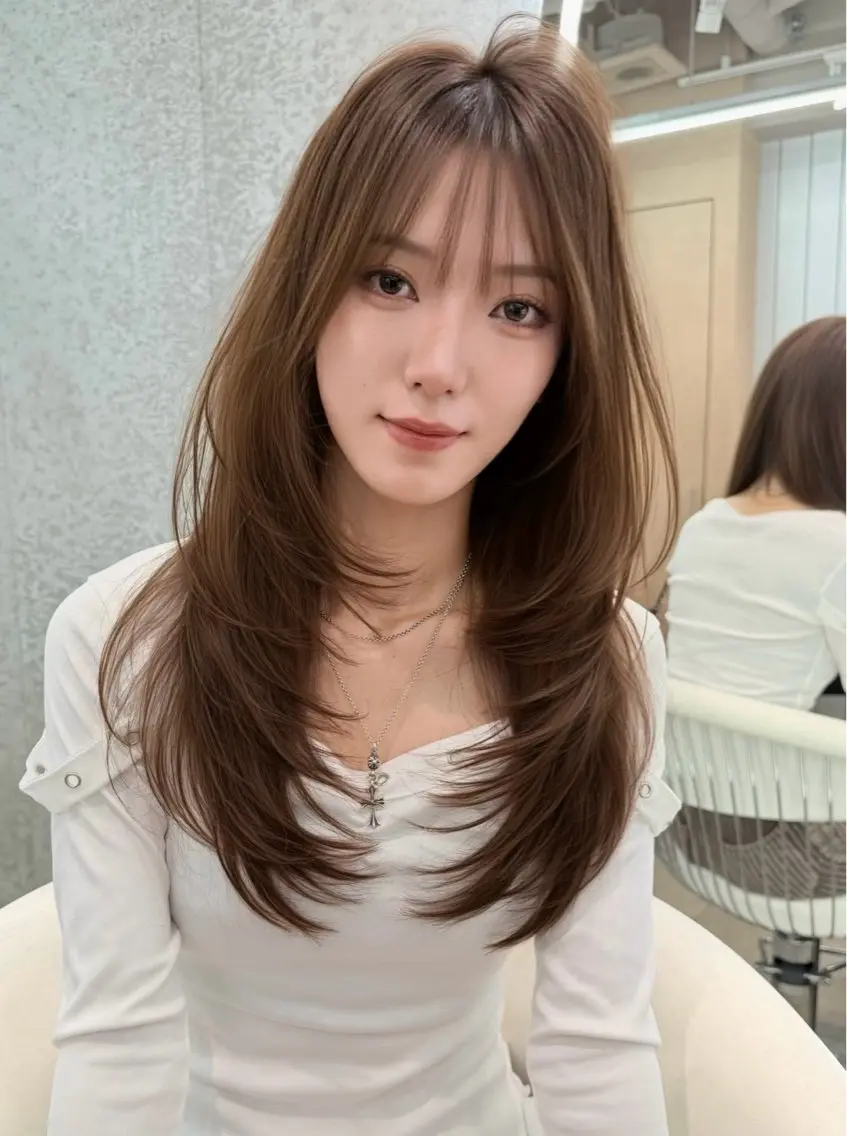 ロング ヘアアレンジ チョコレートブラウン 韓国風カラー 髪質改善 韓国風ヘア カット ヘアカラー トリートメント ヘアセット 💖艶ダブルカラー 🩵髪質改善🫧櫻井のヘアスタイル