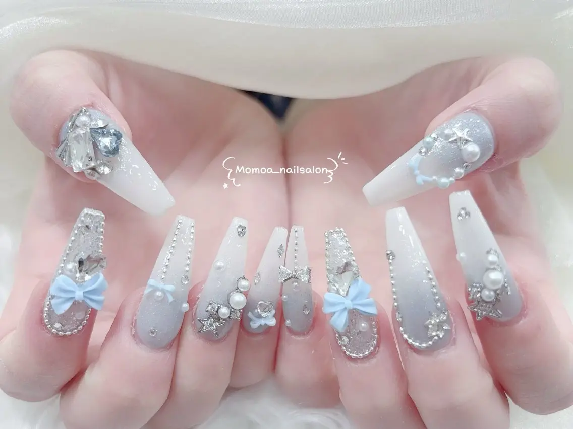 ネイル 成人式 大理石ネイル(マーブル) 持ち込み リボン 夏ネイル ハンドネイル MoMoA Nail ネイル長さ出し専門店のネイルデザイン