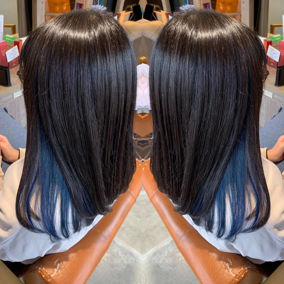 セミロング カラー 黒髪 ブルーカラー ブルーブラック ネイビーカラー 韓国🇰🇷 ✂︎hair 内田愛のヘアスタイル
