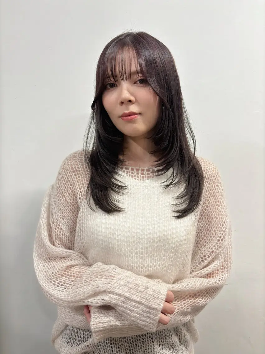 ミディアム カラー グレージュ ハイレイヤー レイヤーカット 【韓国レイヤー特化 ハッシュカット】のヘアスタイル