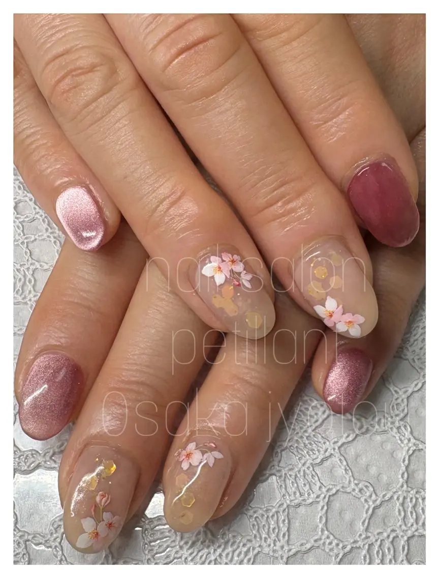 ネイル アートネイル 桜ネイル マグネットネイル ピンク nail salon petillantのネイルデザイン