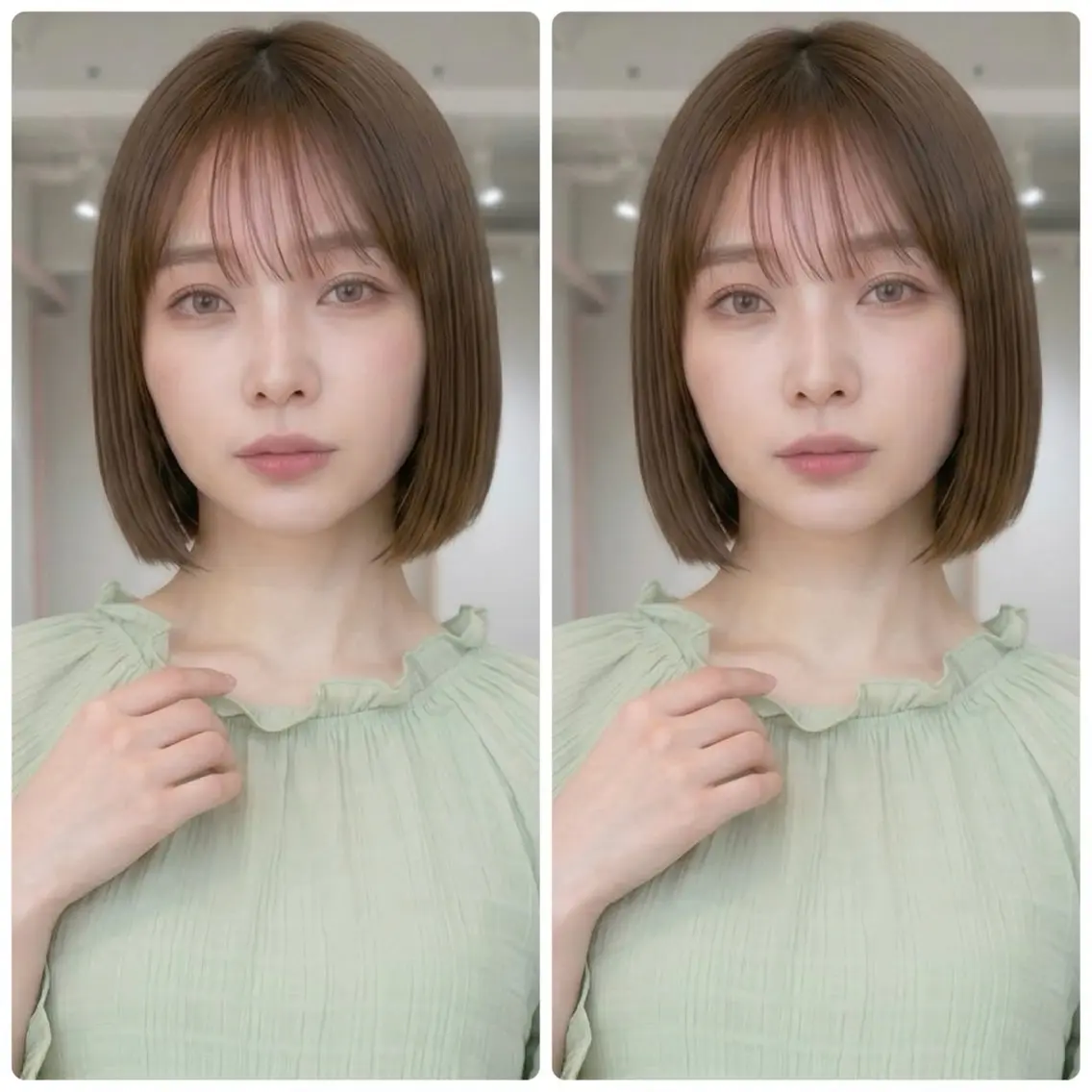 ミディアム 切りっぱなしボブ ボブ 外ハネヘア カット ヘアカラー トリートメント 2ヵ月先までまとまる レイヤー🫧若葉🪞のヘアスタイル