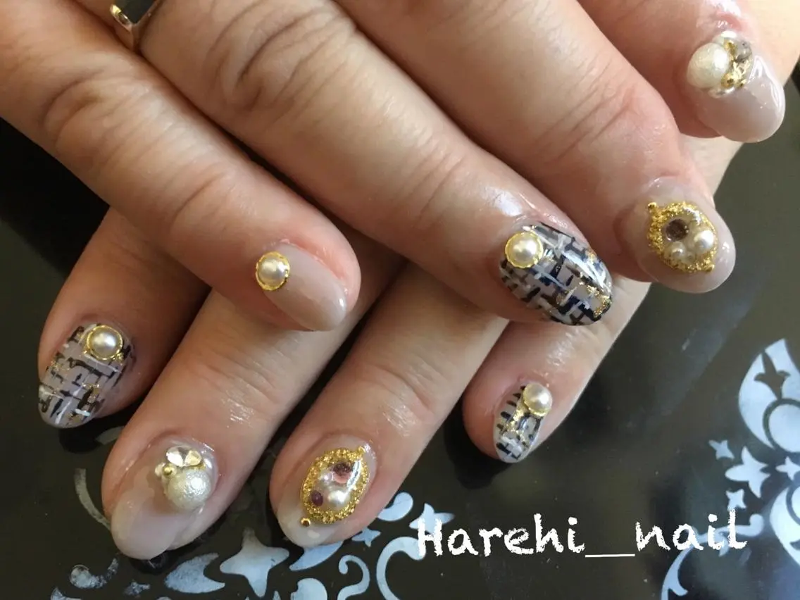 ネイル ネイビー ツイードネイル Harehi_ nailのネイルデザイン