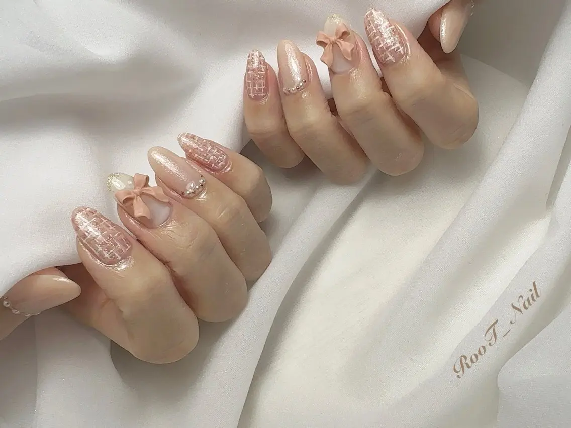ネイル リボン ツイードネイル ハンドネイル RooT Nailのネイルデザイン