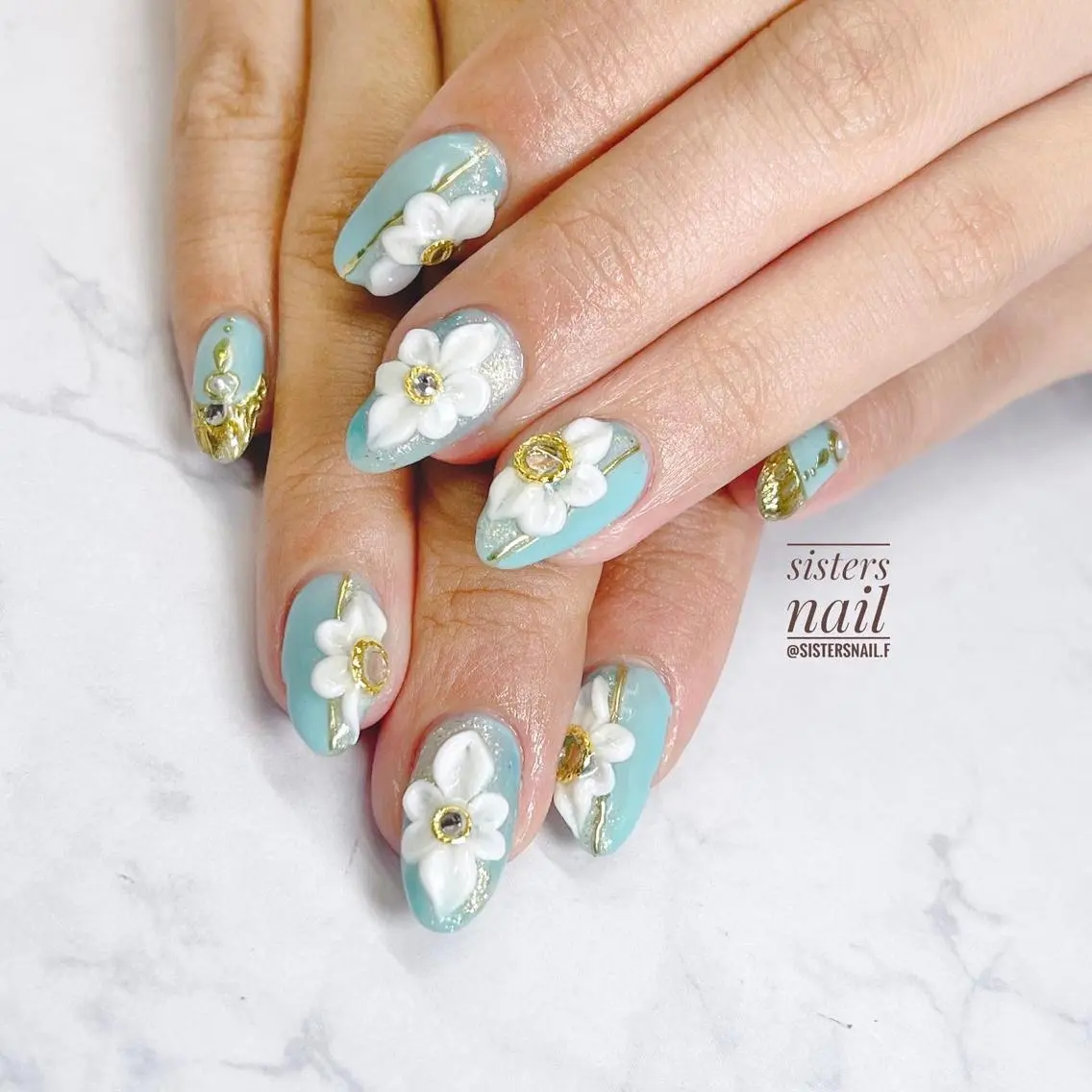 ネイル アートネイル ブルー フラワーネイル グリーン 夏ネイル sisters nail.fのネイルデザイン