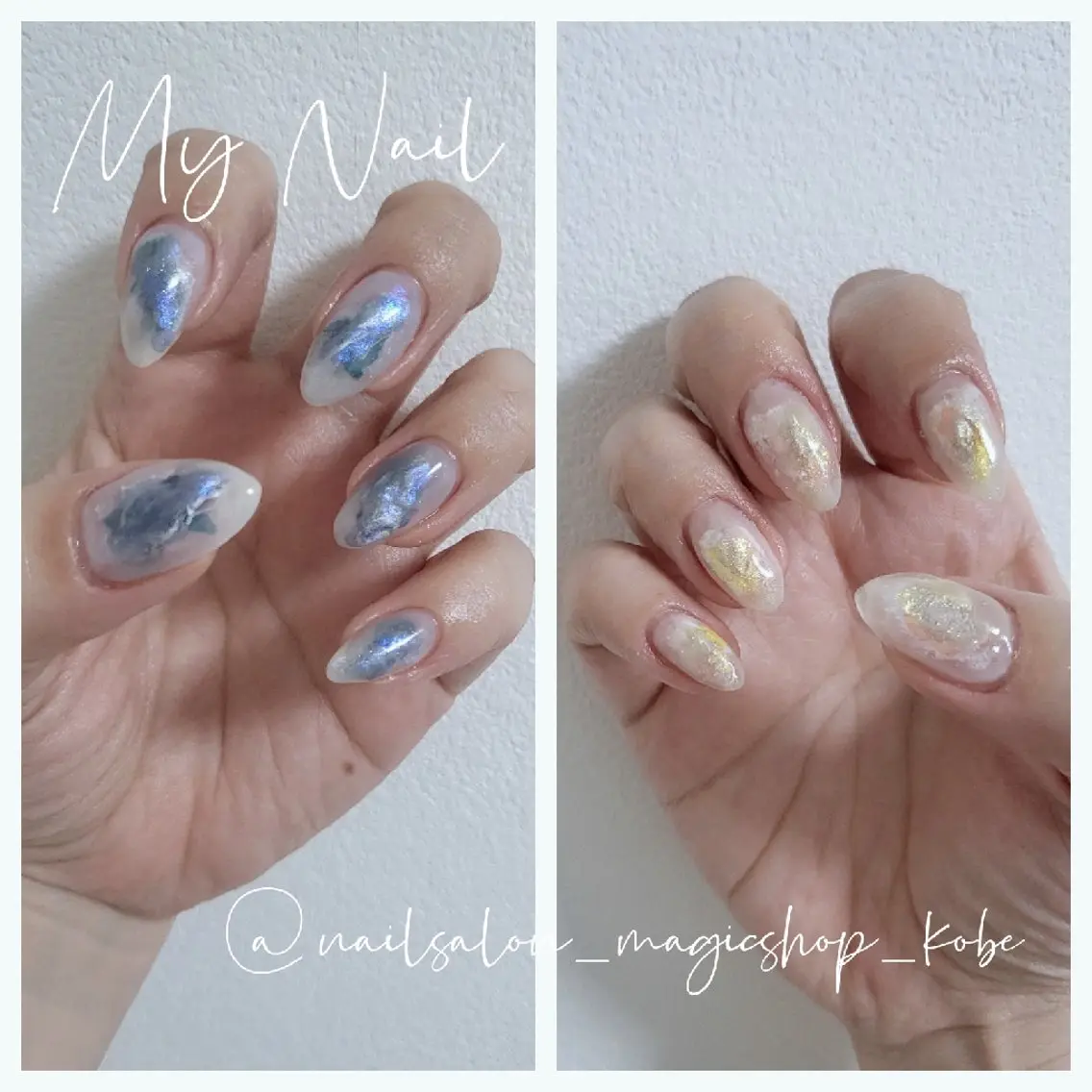 ネイル ブルー クリアネイル ジェルネイル ミラーネイル ソフトジェル ハンドネイル Nailsalon MagicShopのネイルデザイン