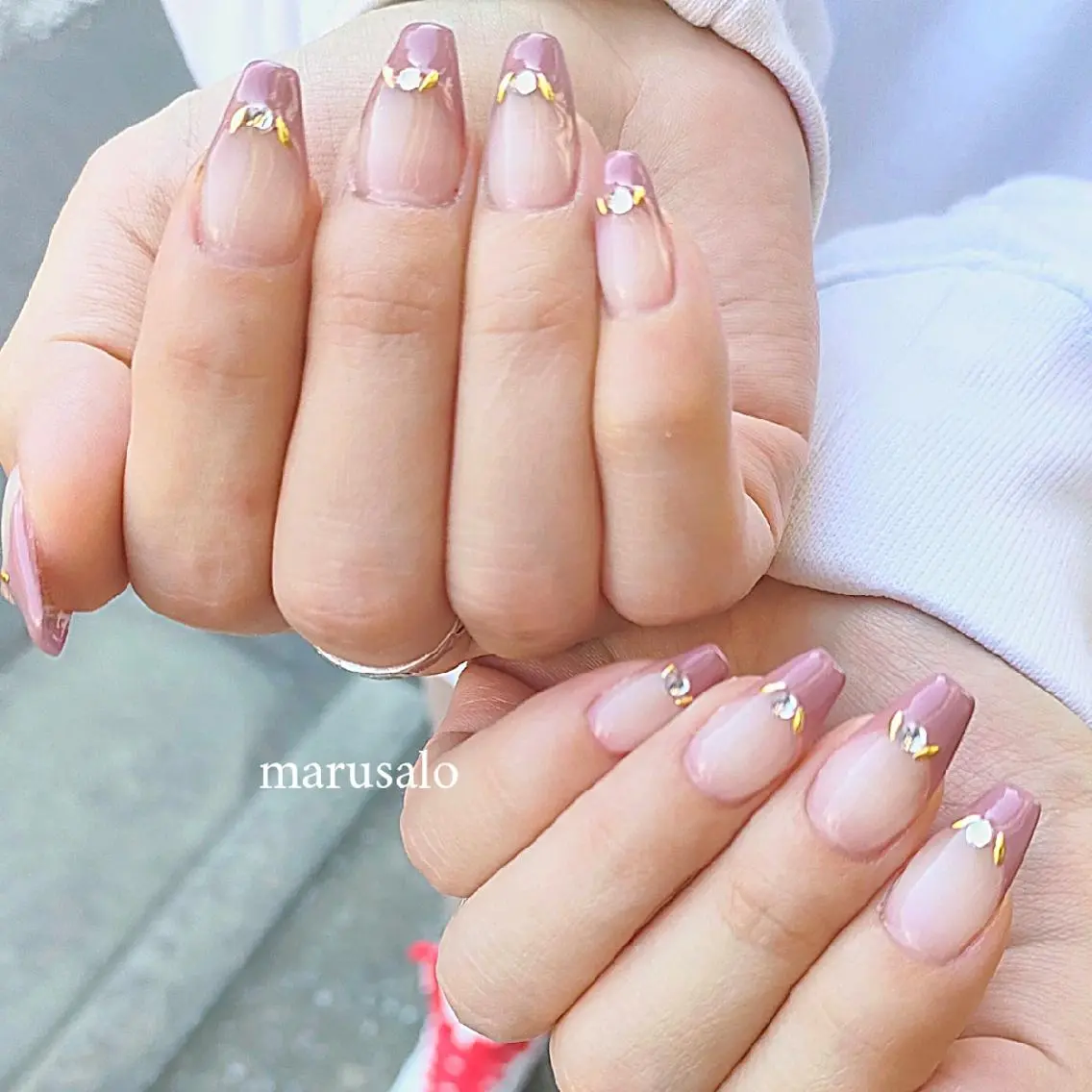 ネイル ブラウン フレンチネイル ピンク スカルプネイル ストーンネイル marusalo nailのネイルデザイン
