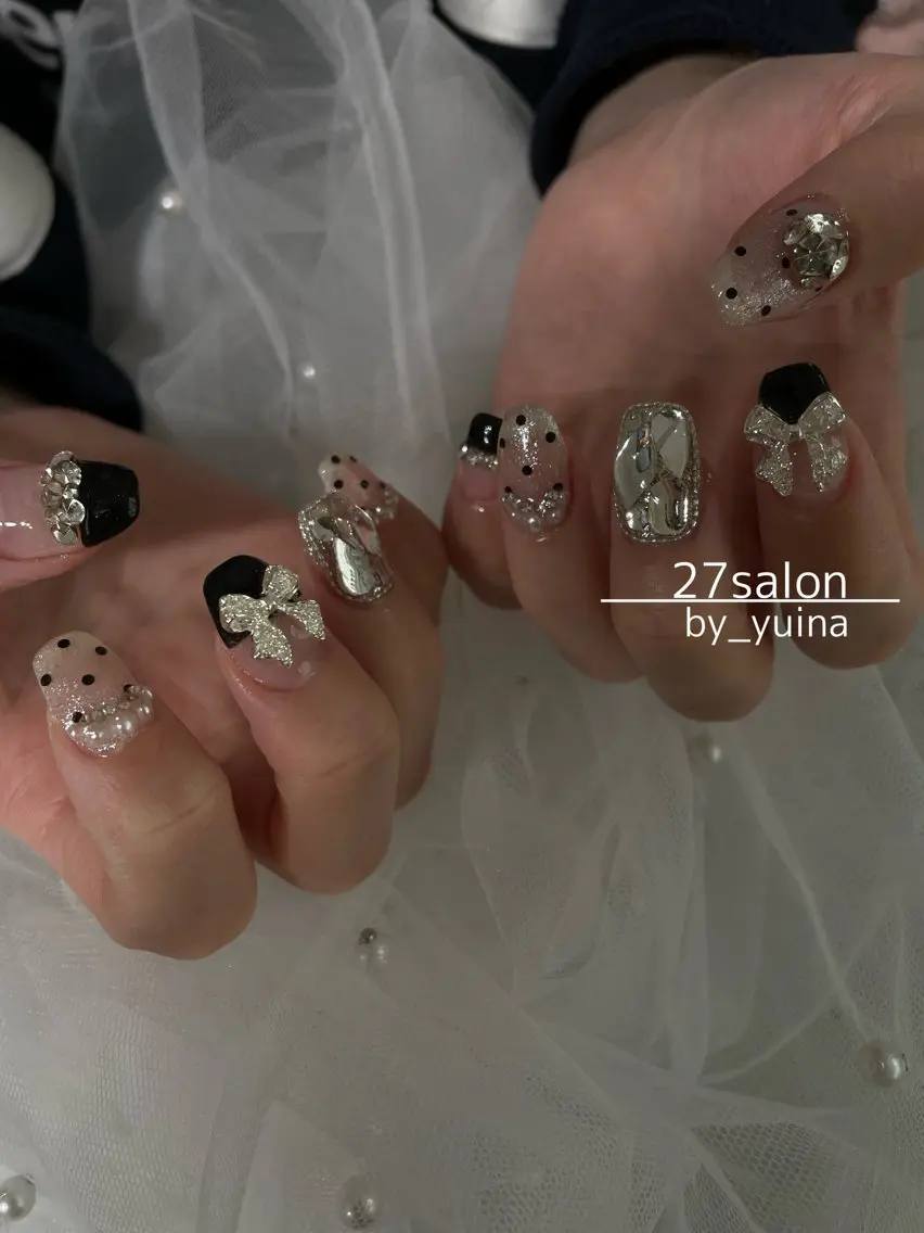 ネイル ドット リボン ワンホンネイル ハンドネイル 27salon yuinaのネイルデザイン
