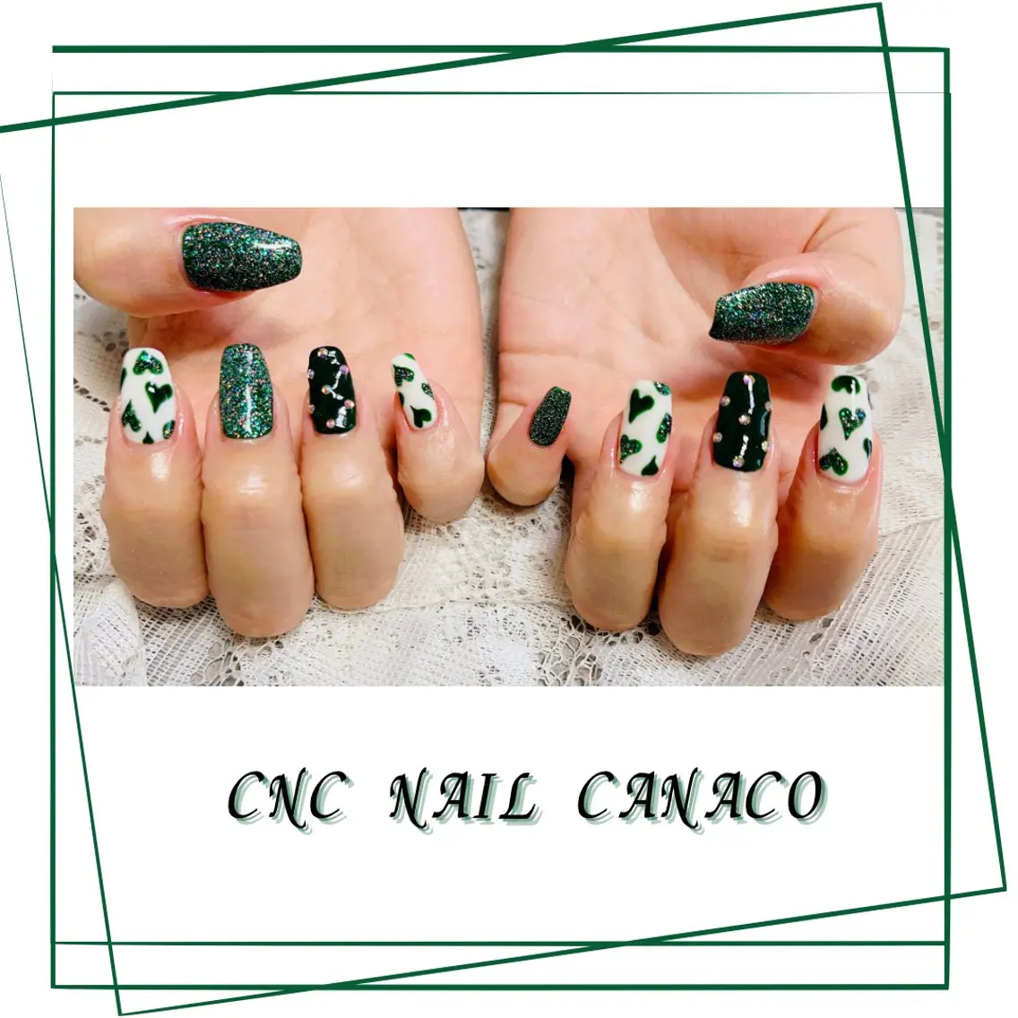 ネイル アートネイル グリーン ハート キラキラネイル メンズネイル ハンドネイル ハンドケア ベテランネイル cnc nailのネイルデザイン