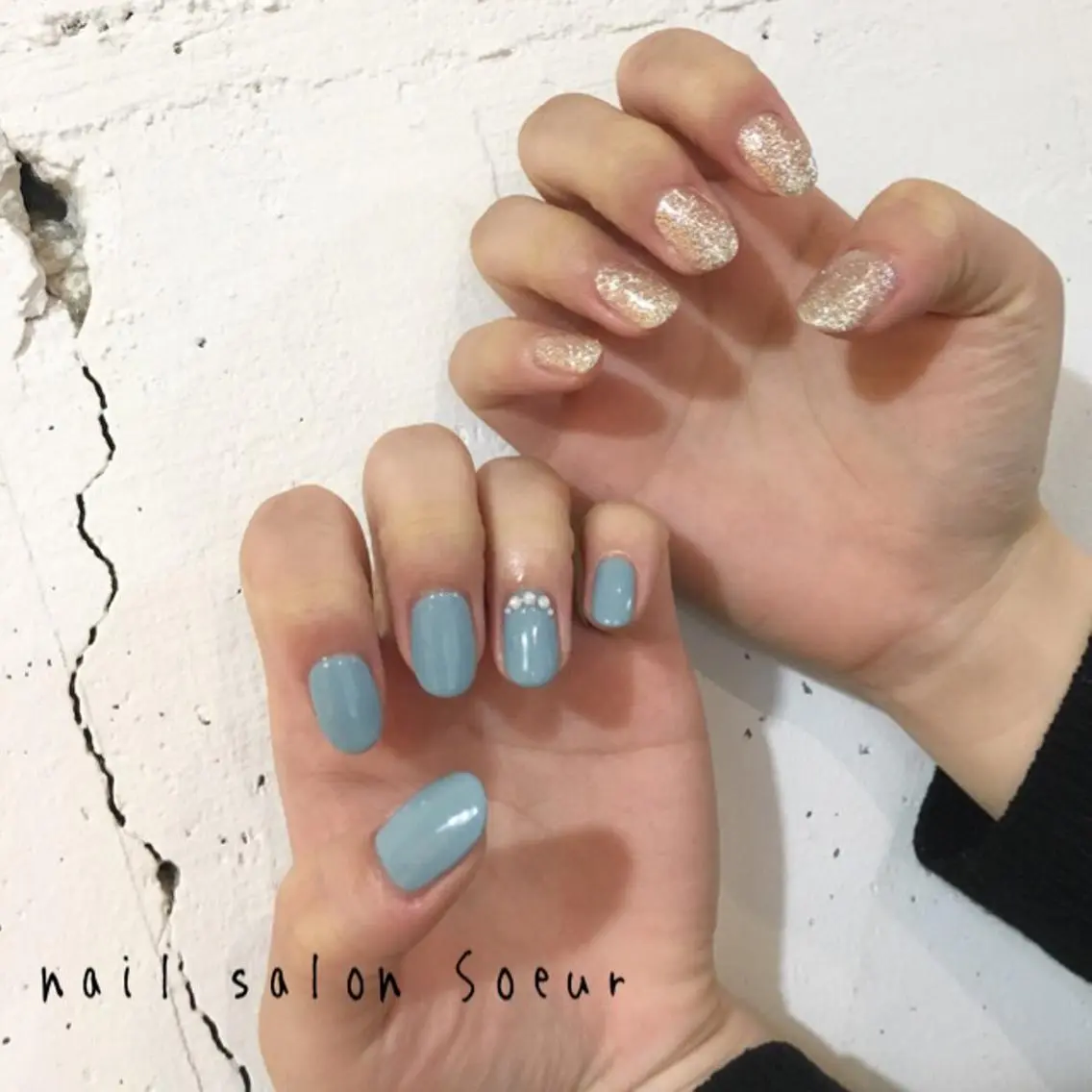 ネイル ブルー ラメ(グリッター) ワンカラーネイル シルバー ストーンネイル ハンドネイル nail salon Soeurのネイルデザイン